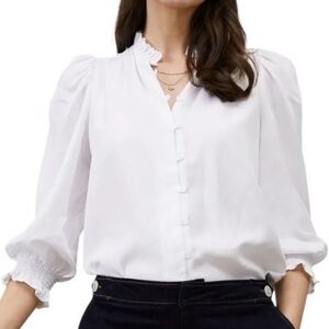 Baukjen Melie White Puff Sleeve Ruffe Neck Button Down Blouse - 8